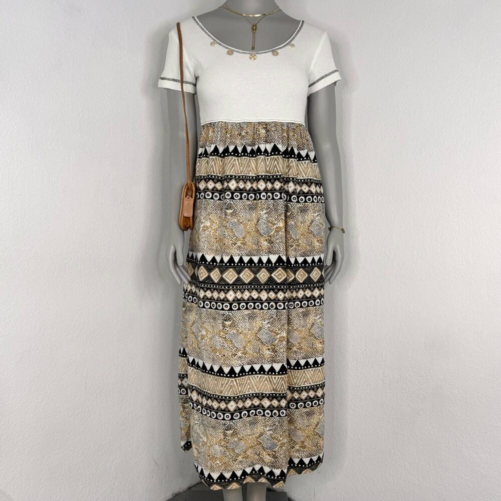 Vintage 90s Boho Maxi Dress Mixed Tribal Print White Waffle Knit SZ 10 USA Made